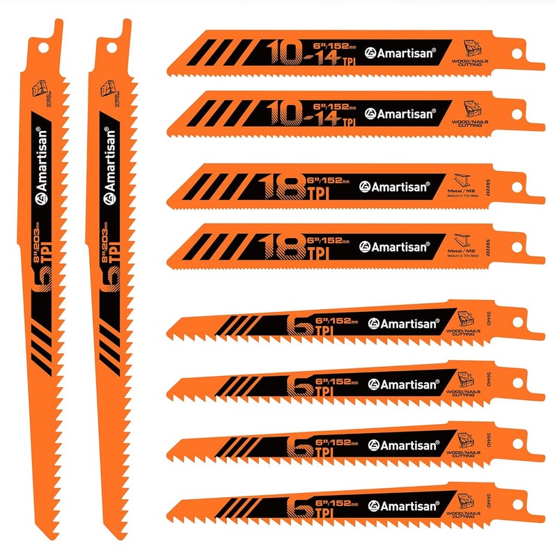 Amartisan 10-Piece Bi-Metal Reciprocating Saw Blade Set 6 to 8 Inch Used for Wood & Metal Cutting, Drywall, Plastic and Composite Materials - Image 1